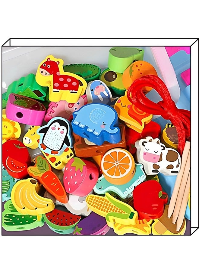 Beauenty 42pcs Montessori Educational Wooden Lacing Bead Toy for Kids, Preschool Stringing Fine Motor Skills Toys for Boys Girls,farm Animals Fruits Vegetables Bead Threading Toys  - Image 2