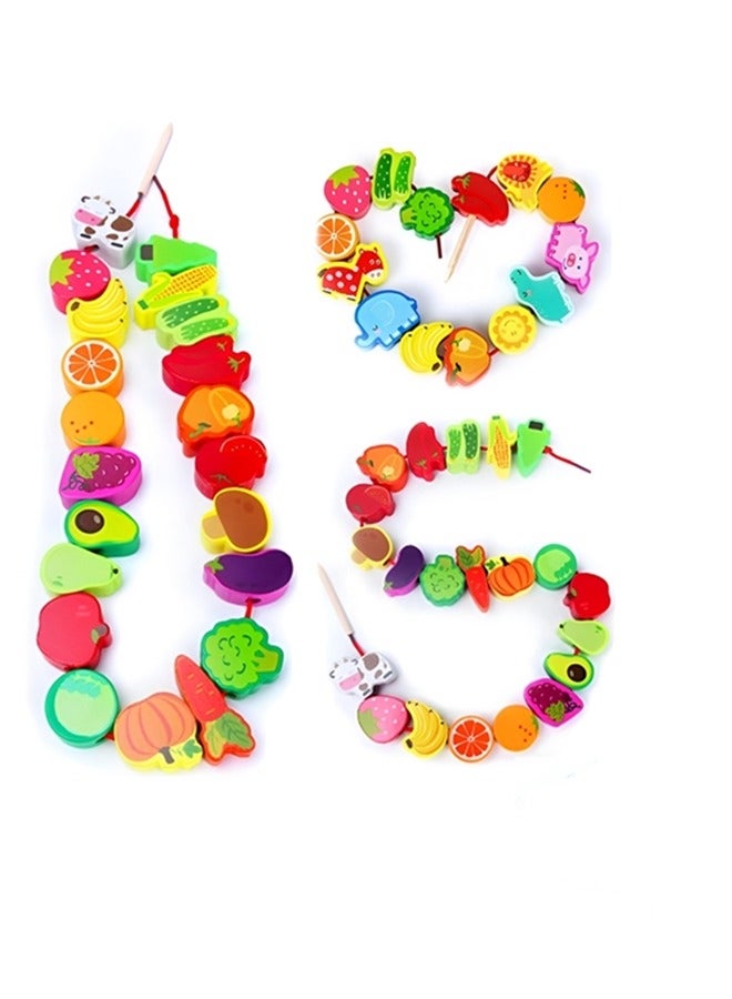 Beauenty 42pcs Montessori Educational Wooden Lacing Bead Toy for Kids, Preschool Stringing Fine Motor Skills Toys for Boys Girls,farm Animals Fruits Vegetables Bead Threading Toys  - Image 1
