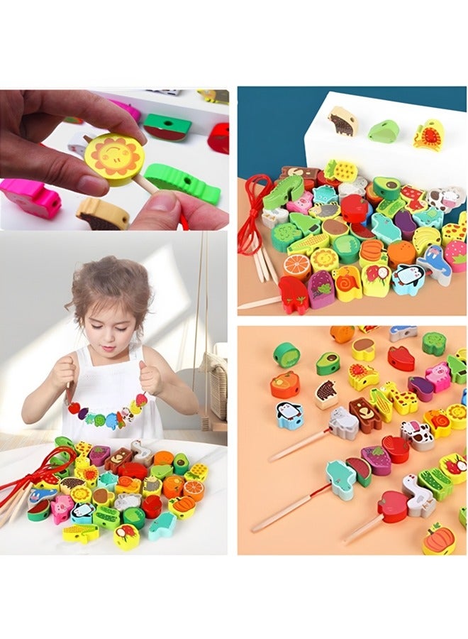 Beauenty 42pcs Montessori Educational Wooden Lacing Bead Toy for Kids, Preschool Stringing Fine Motor Skills Toys for Boys Girls,farm Animals Fruits Vegetables Bead Threading Toys  - Image 3