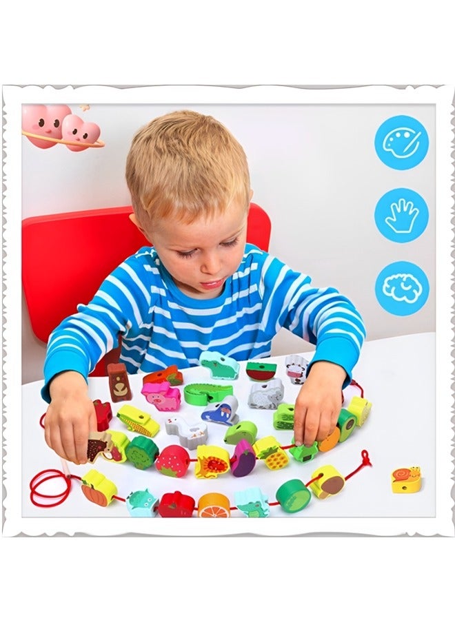 Beauenty 42pcs Montessori Educational Wooden Lacing Bead Toy for Kids, Preschool Stringing Fine Motor Skills Toys for Boys Girls,farm Animals Fruits Vegetables Bead Threading Toys  - Image 4