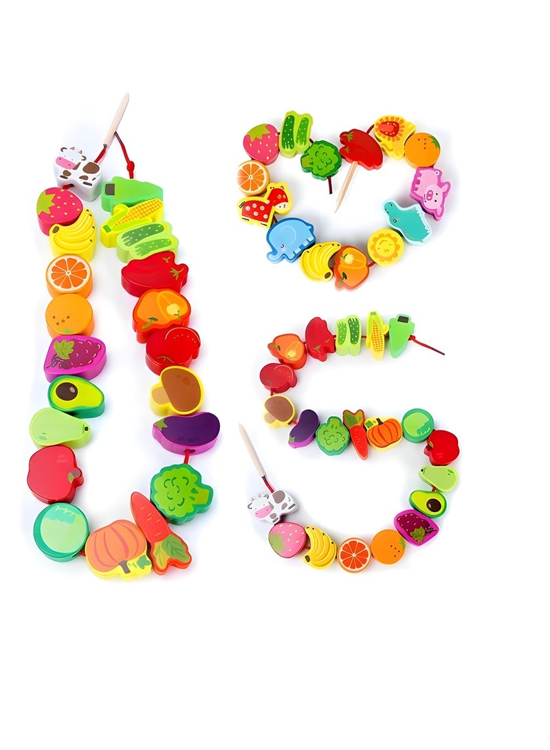 Beauenty 42pcs Montessori Educational Wooden Lacing Bead Toy for Kids, Preschool Stringing Fine Motor Skills Toys for Boys Girls,farm Animals Fruits Vegetables Bead Threading Toys - Image 1