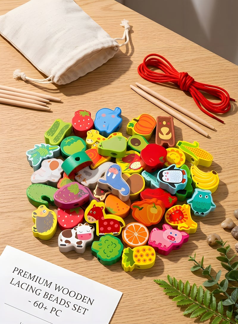 Beauenty 42pcs Montessori Educational Wooden Lacing Bead Toy for Kids, Preschool Stringing Fine Motor Skills Toys for Boys Girls,farm Animals Fruits Vegetables Bead Threading Toys - Image 2