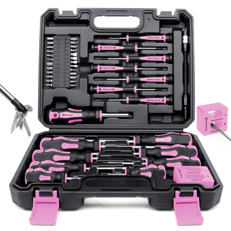 Amartisan Magnetic Screwdrivers Set with Case, Amartisan 43-piece Includs Slotted, Phillips, Hex, Pozidriv,Torx and Precision Screwdriver Set, Magnetizer Demagnetizer Tools, Tools for Men (Pink)) - Image 1
