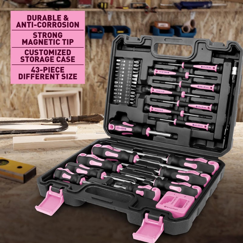 Amartisan Magnetic Screwdrivers Set with Case, Amartisan 43-piece Includs Slotted, Phillips, Hex, Pozidriv,Torx and Precision Screwdriver Set, Magnetizer Demagnetizer Tools, Tools for Men (Pink)) - Image 4