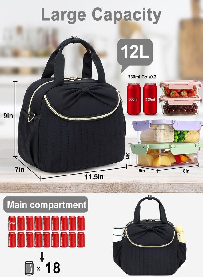Bluboon Lunch Box for Women，Large Insulated Lunch Bag with Shoulder Strap，Adult Lunch Tote Teacher Nurse, Bow Lunch Cooler Gifts for Work Picnic Travel,Black (Black) - Image 3