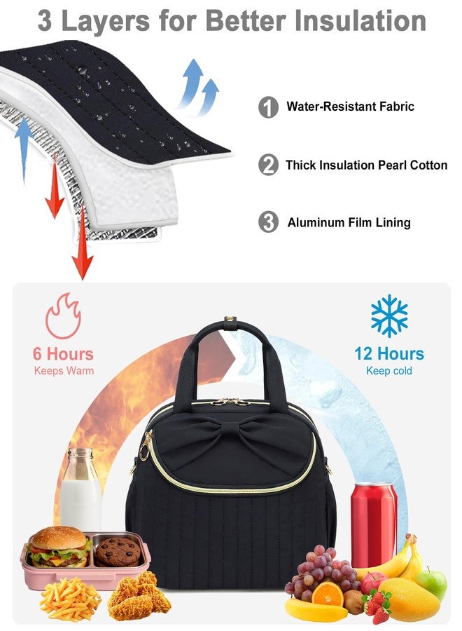 Bluboon Lunch Box for Women，Large Insulated Lunch Bag with Shoulder Strap，Adult Lunch Tote Teacher Nurse, Bow Lunch Cooler Gifts for Work Picnic Travel,Black (Black) - Image 4