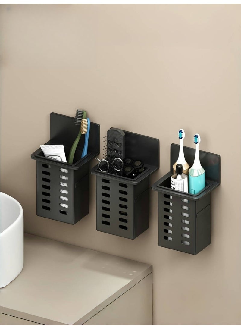 رف منظم للحمام مكون من 3 قطع لفرشاة الأسنان ومعجون الأسنان والمشط وماكينة الحلاقة وما إلى ذلك. حامل معجون أسنان مكون من 3 قطع، رف تخزين تصريف بلاستيكي مثبت على الحائط، صندوق تخزين مستحضرات التجميل، لا حاجة لتركيب أنبوب عيدان تناول الطعام، تركيب سهل، ثقب مجاني، فرشاة أسنان سوداء - Image 1