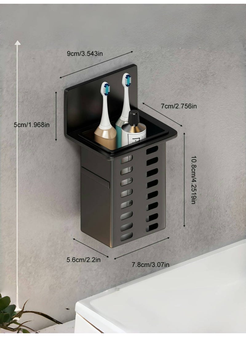 رف منظم للحمام مكون من 3 قطع لفرشاة الأسنان ومعجون الأسنان والمشط وماكينة الحلاقة وما إلى ذلك. حامل معجون أسنان مكون من 3 قطع، رف تخزين تصريف بلاستيكي مثبت على الحائط، صندوق تخزين مستحضرات التجميل، لا حاجة لتركيب أنبوب عيدان تناول الطعام، تركيب سهل، ثقب مجاني، فرشاة أسنان سوداء - Image 2