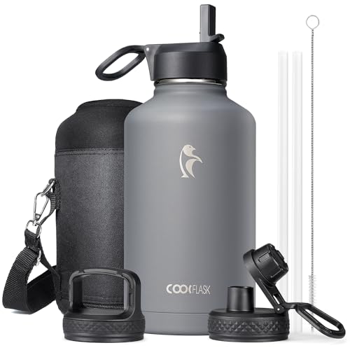 Coolflask 64 oz Insulated Water Bottle with Straw & 3 Lids, Coolflask Half Gallon Water Jug Large Metal Stainless Steel Wide Mouth for Sports, Gym or Office, Non-BPA Keep Cold 48H Hot 24H, Knight Grey - Image 1
