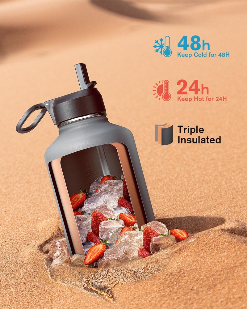 Coolflask 64 oz Insulated Water Bottle with Straw & 3 Lids, Coolflask Half Gallon Water Jug Large Metal Stainless Steel Wide Mouth for Sports, Gym or Office, Non-BPA Keep Cold 48H Hot 24H, Knight Grey - Image 2