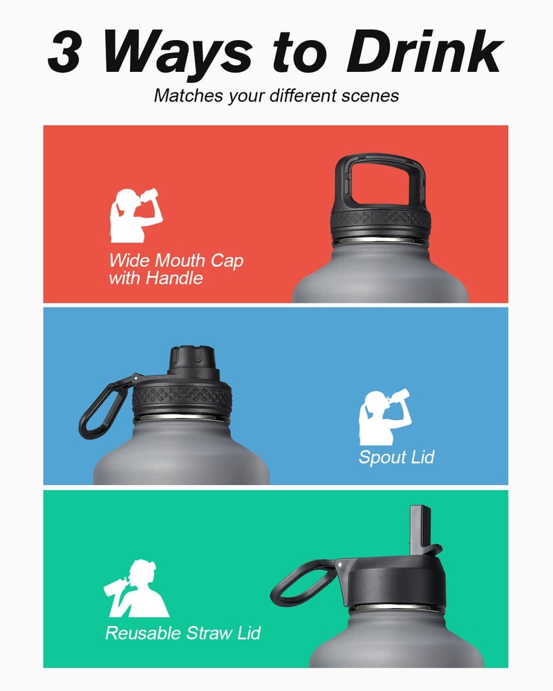 Coolflask 64 oz Insulated Water Bottle with Straw & 3 Lids, Coolflask Half Gallon Water Jug Large Metal Stainless Steel Wide Mouth for Sports, Gym or Office, Non-BPA Keep Cold 48H Hot 24H, Knight Grey - Image 5