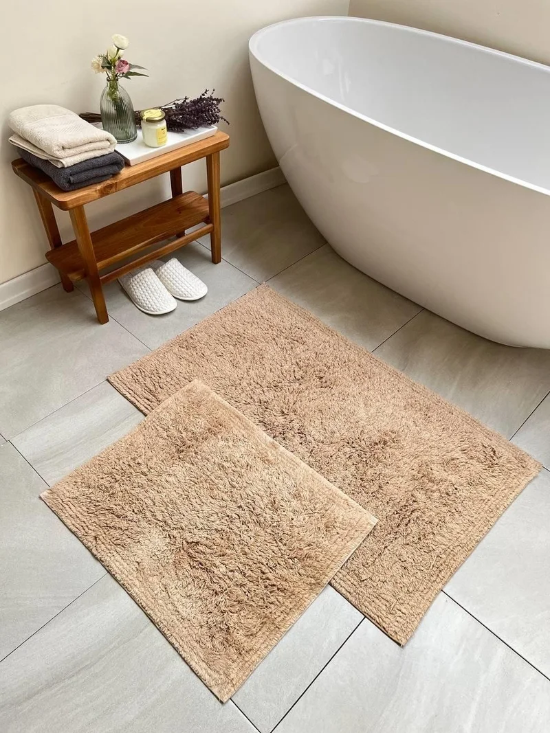Bluenity Lantau Natural Cotton 2-Piece Bath Mat Set 60X100+50X60 cm - Beige