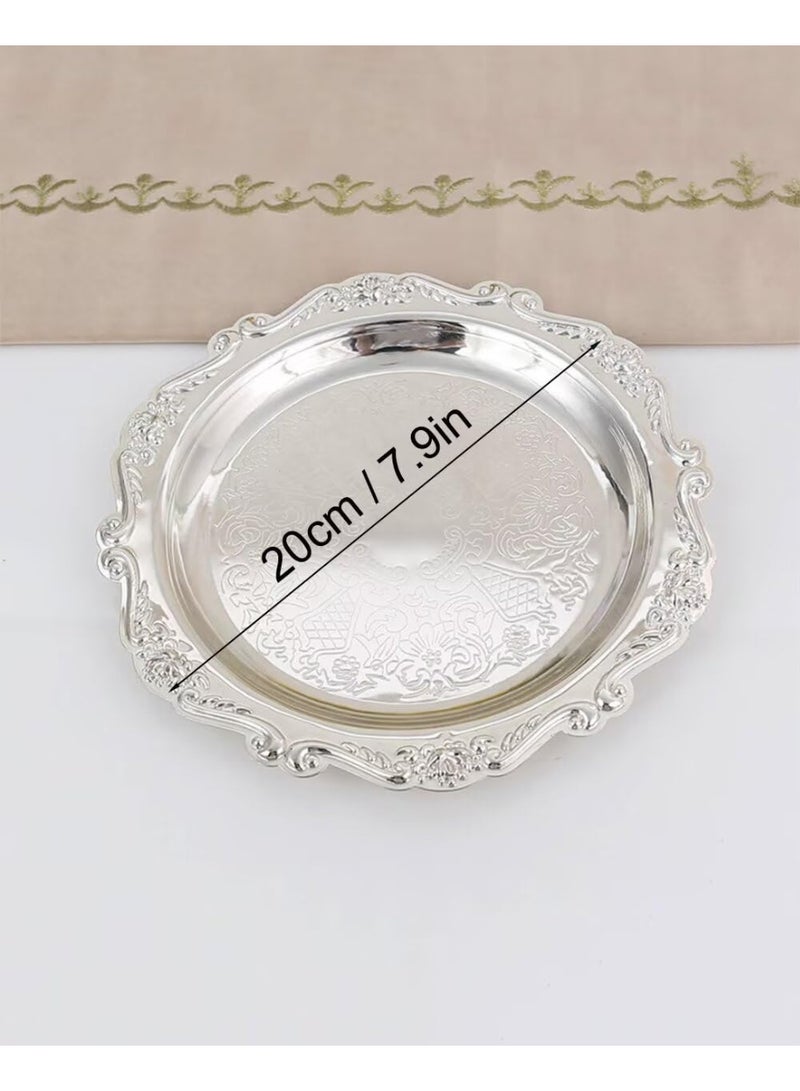 3 Pack Round Metal Decorative Serving Trays, 7.9 Inch, Vintage Ornate Silver - Image 2