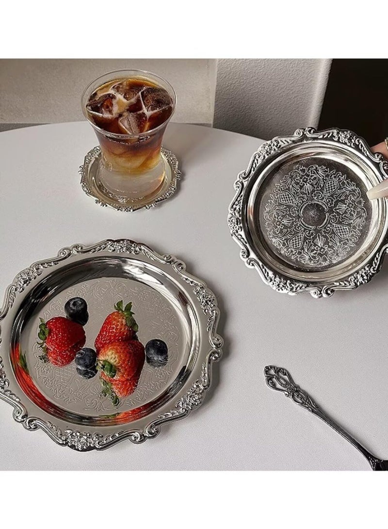 3 Pack Round Metal Decorative Serving Trays, 7.9 Inch, Vintage Ornate Silver - Image 5