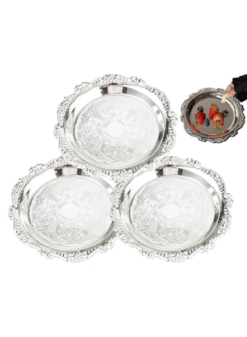 3 Pack Round Metal Decorative Serving Trays, 7.9 Inch, Vintage Ornate Silver - Image 1
