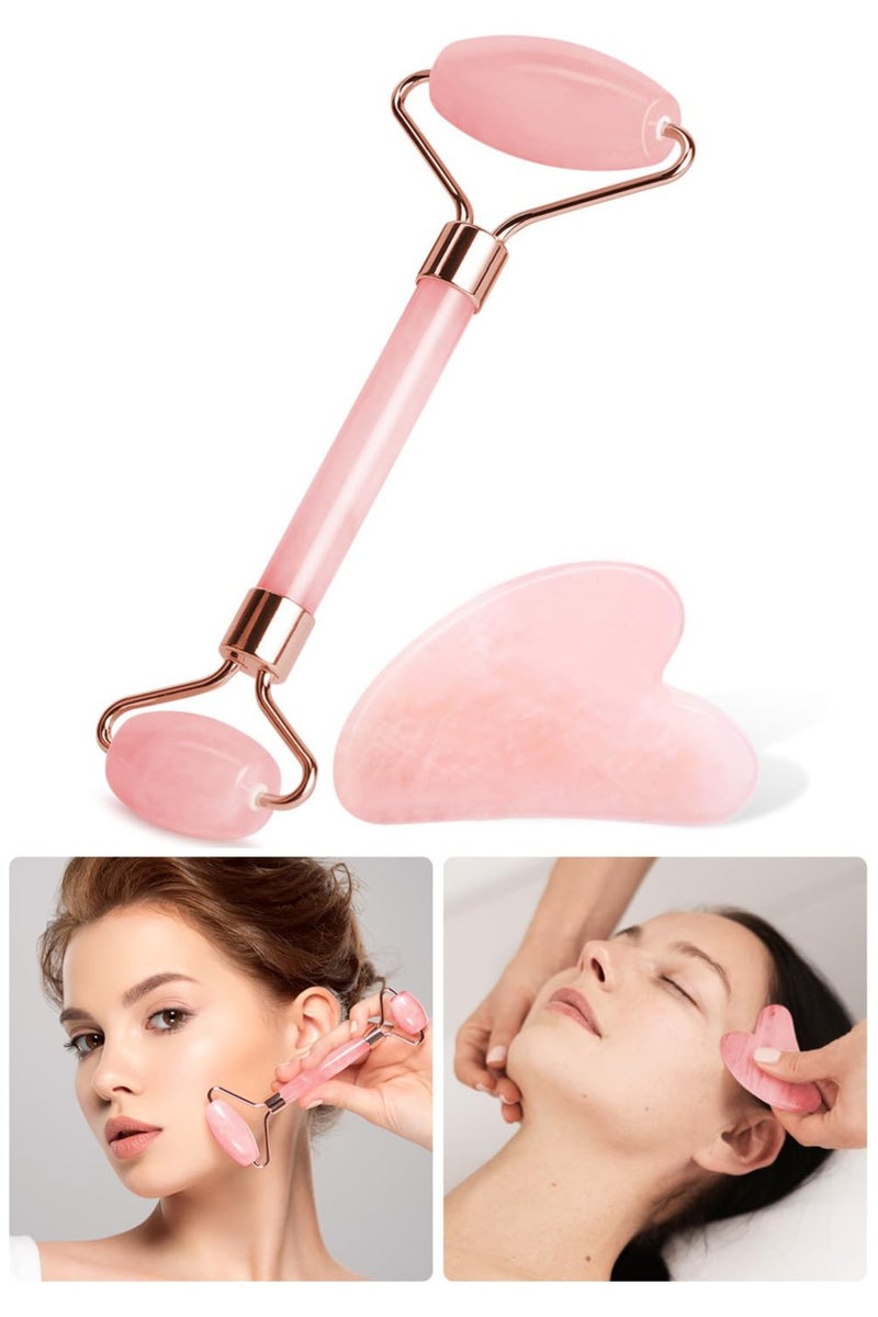 Loquat Scraping Facial Tools And Jade Roller Set Suitable For Facial Scraping Tools For Skin Care Scraping Stone Set Reduces Swelling And Improves Wrinkles Self Care Gift, Pink - Image 1
