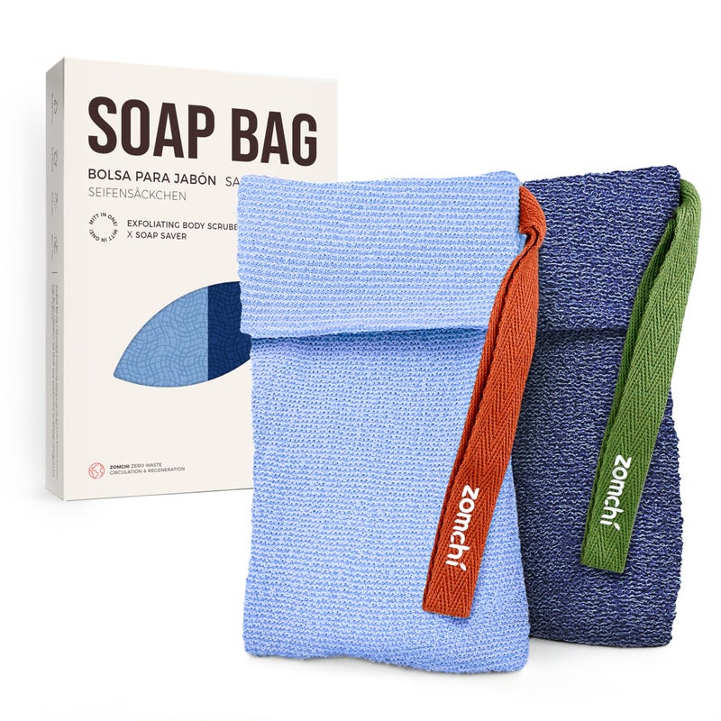 ZOMCHI 2 Pieces Soap Bags for Soap Bars with Different Roughness, Exfoliating Soap Saver Bags, Soap Pouch for Body Wash (Blue) - Image 1