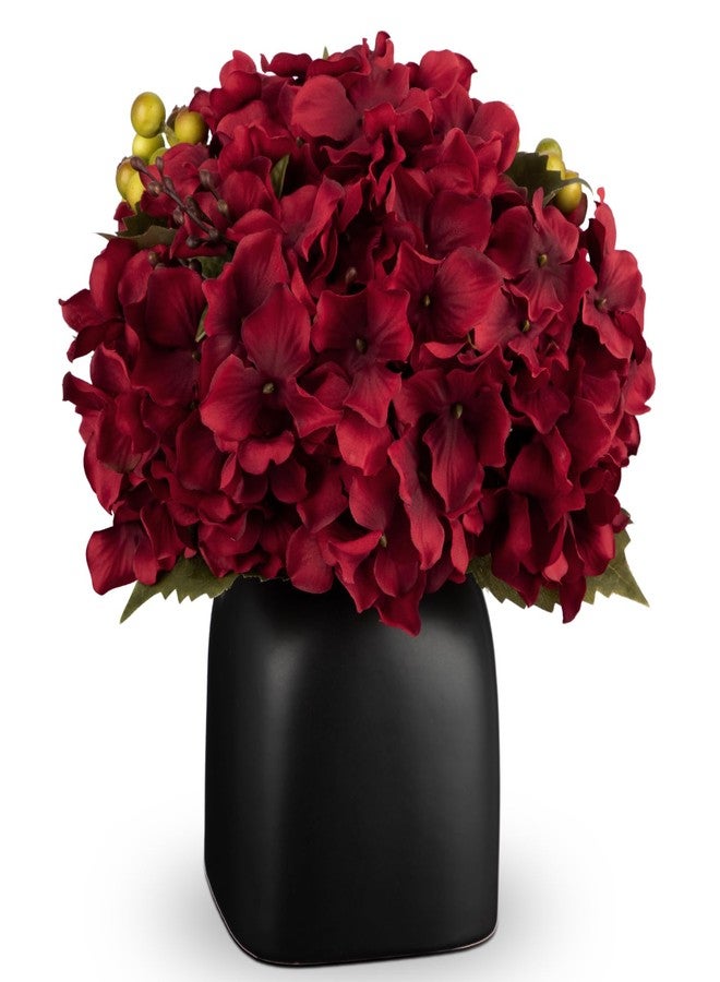 Briful Hydrangea Artificial Flowers in Ceramic Black Vase, Burgundy Silk Hydrangea Centerpieces for Tables, Realistic Dining Table Vase with Flowers for Farmhouse Home Decor Indoor - Image 1