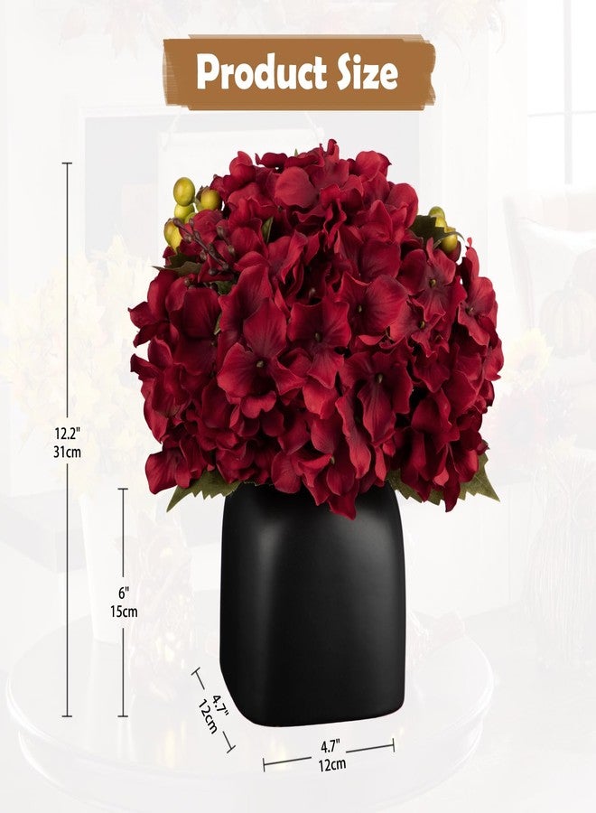 Briful Hydrangea Artificial Flowers in Ceramic Black Vase, Burgundy Silk Hydrangea Centerpieces for Tables, Realistic Dining Table Vase with Flowers for Farmhouse Home Decor Indoor - Image 2