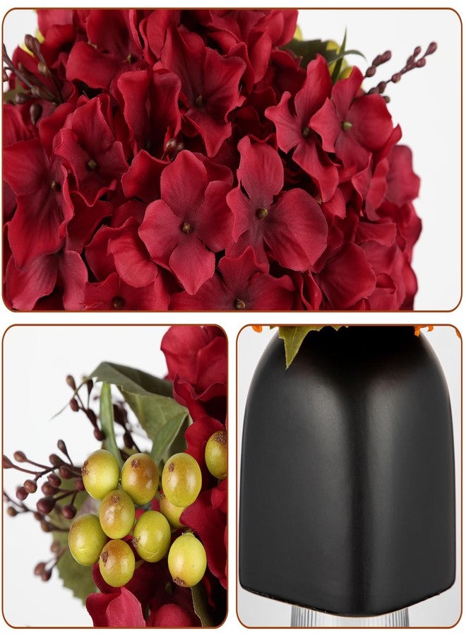 Briful Hydrangea Artificial Flowers in Ceramic Black Vase, Burgundy Silk Hydrangea Centerpieces for Tables, Realistic Dining Table Vase with Flowers for Farmhouse Home Decor Indoor - Image 3