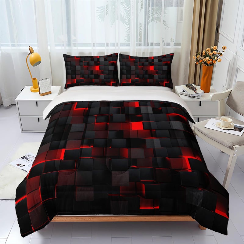 Nttopship Geometric Red Black Comforter Set,Light Honeycomb 3 Piece Bedding Set Twin for Teen Boys,Modern Bedding Quilt Set Geometry Decor,Microfiber Lightweight 1 Comforter 2 Pillowcases All Season - Image 4