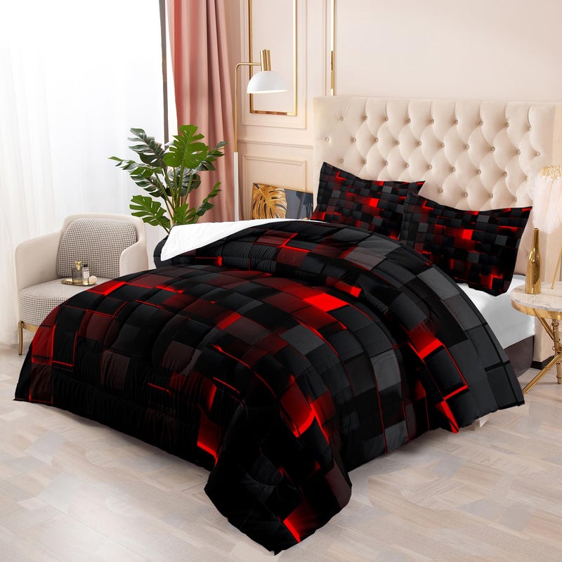 Nttopship Geometric Red Black Comforter Set,Light Honeycomb 3 Piece Bedding Set Twin for Teen Boys,Modern Bedding Quilt Set Geometry Decor,Microfiber Lightweight 1 Comforter 2 Pillowcases All Season - Image 1