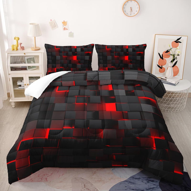 Nttopship Geometric Red Black Comforter Set,Light Honeycomb 3 Piece Bedding Set Twin for Teen Boys,Modern Bedding Quilt Set Geometry Decor,Microfiber Lightweight 1 Comforter 2 Pillowcases All Season - Image 2