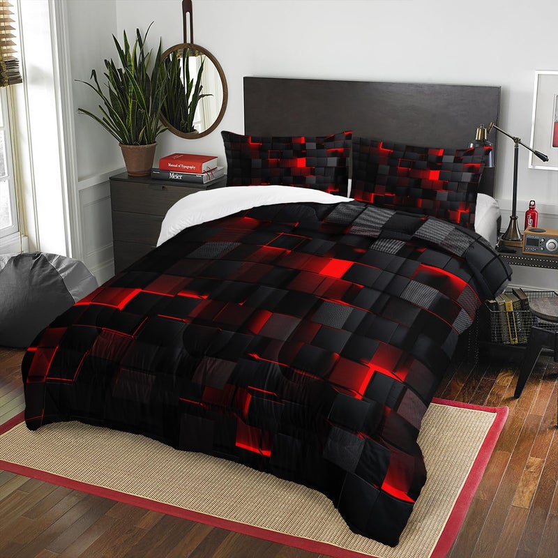 Nttopship Geometric Red Black Comforter Set,Light Honeycomb 3 Piece Bedding Set Twin for Teen Boys,Modern Bedding Quilt Set Geometry Decor,Microfiber Lightweight 1 Comforter 2 Pillowcases All Season - Image 3
