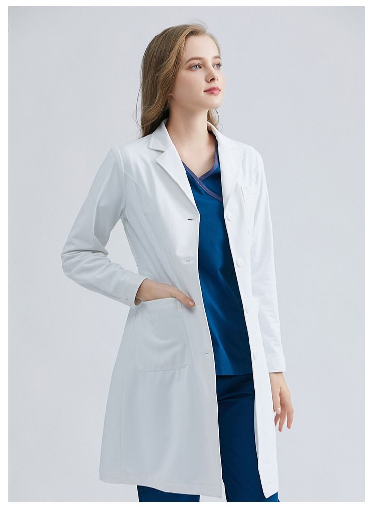 ميدنست معطف أبيض للمختبر بأكمام طويلة ملابس عمل للطبيب معطف ممرضة قابل للتمدد - Image 3