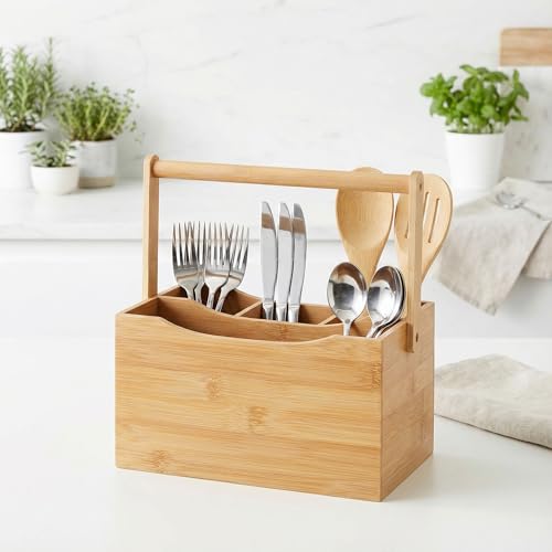 Cortesi Home Kira Natural Bamboo Cutlery Caddy Tabletop Holder with Handle and 4 Compartments - Image 5