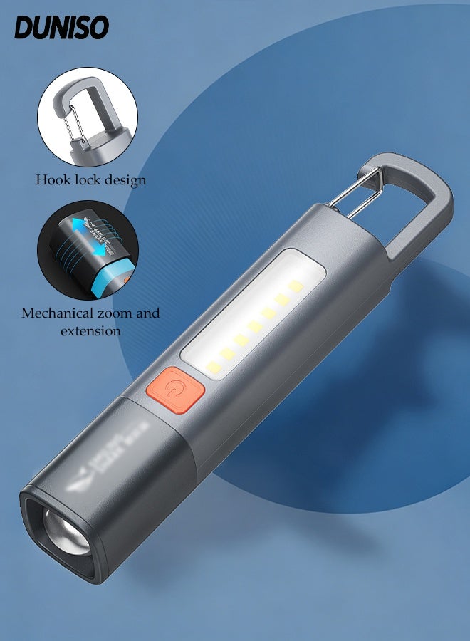 DUNISO Portable Flashlights Super Bright Adjustable Focus Torch Light with Side COB Flood Light 3 Lighting Modes Mini Camping Lantern with Carabiner Hook Rechargeable Waterproof Outdoors Pocket Flashlight for Power Cuts, Emergency, Camping, Hiking, Outdoor - Image 1