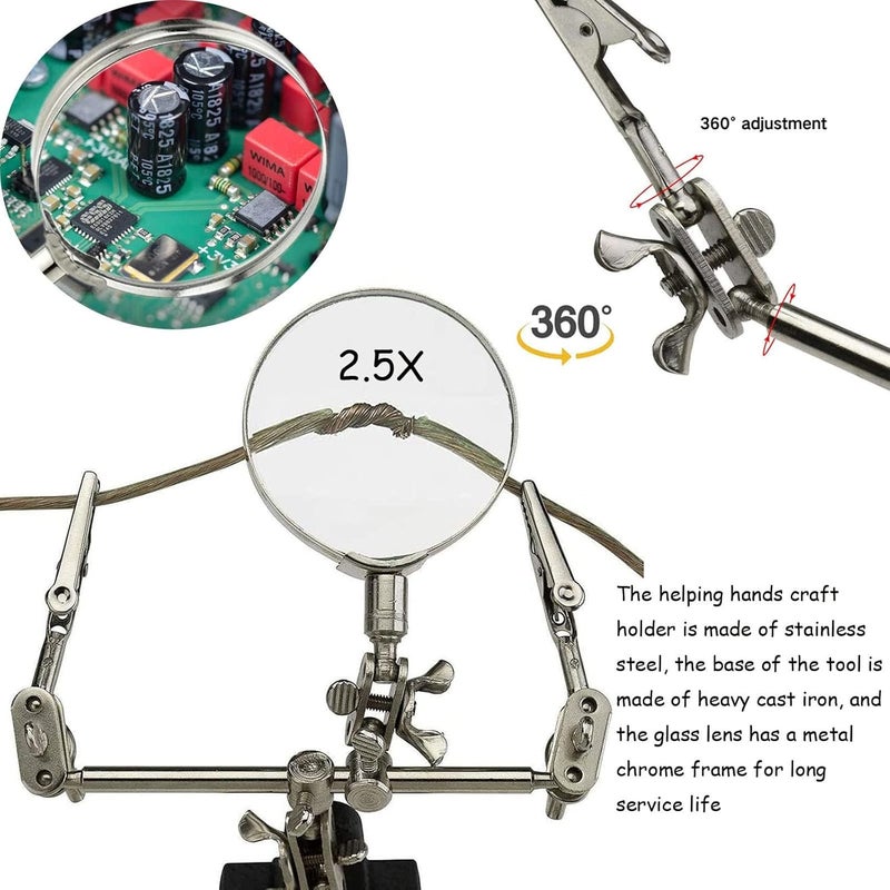 Excefore Helping Hands With 2.5X Magnifier - Soldering Station With Magnifying Glass, Dual Adjustable Alligator Clips - Ideal For Crafting, Beading, Jewelry Making, Soldering And Handling Micro Objects - Image 2