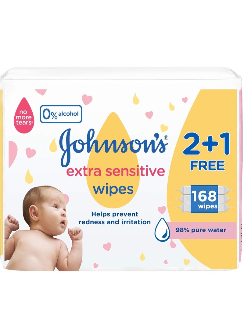 Johnson's Baby Wipes Extra Sensitive 98% pure water 2+1 packs of 56 wipes 168 total count  - Image 1