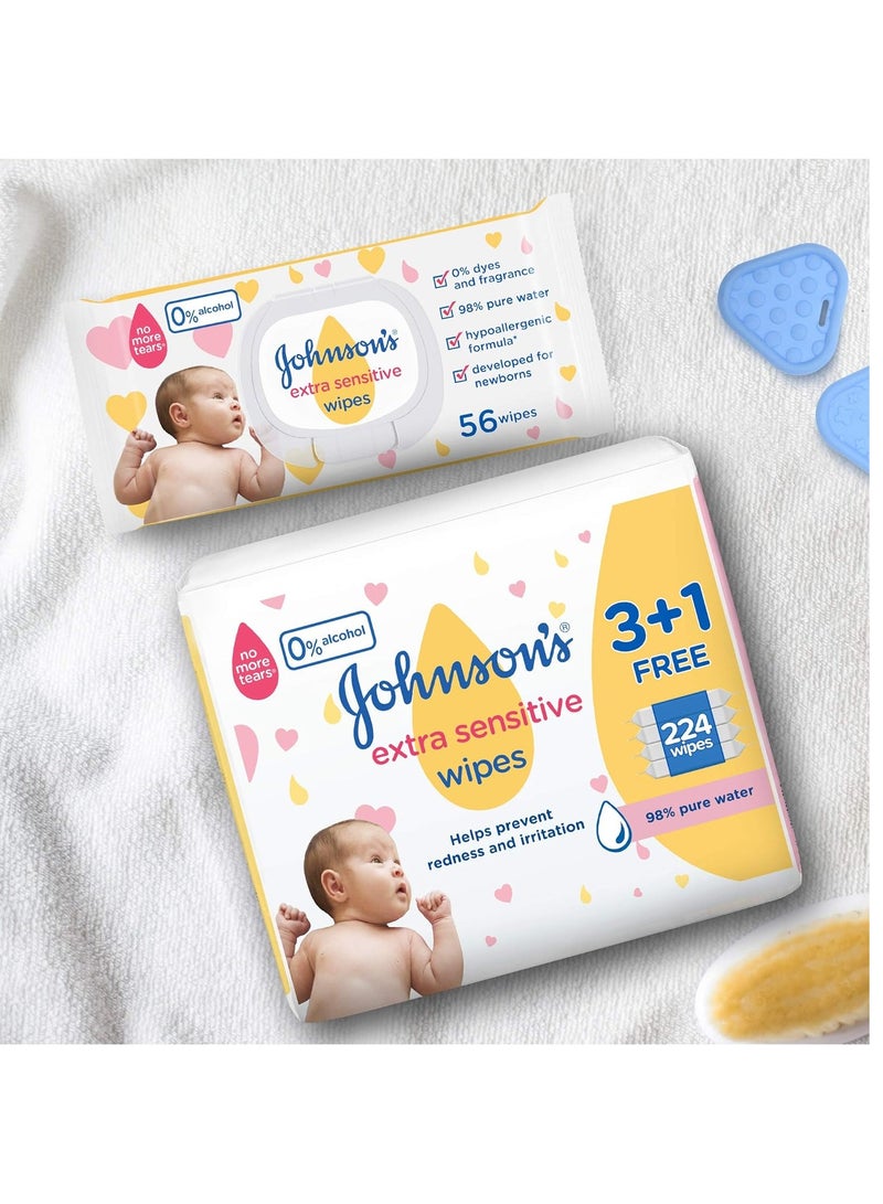 Johnson's Baby Wipes Extra Sensitive 98% pure water 2+1 packs of 56 wipes 168 total count  - Image 3