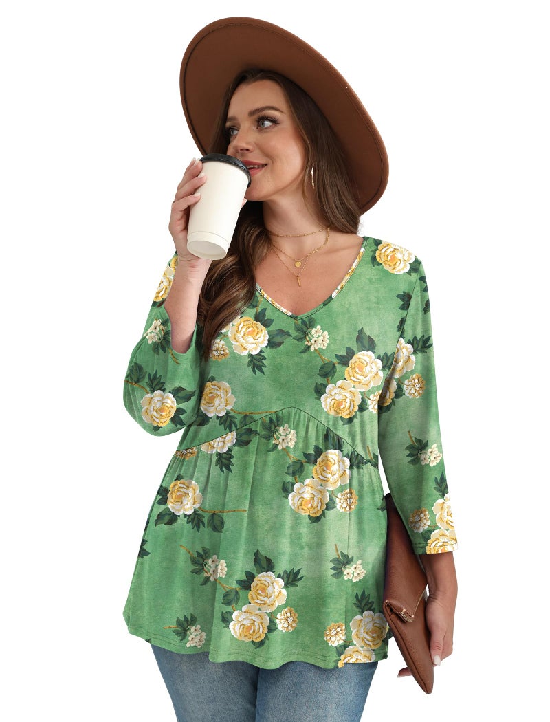 OFEEFAN Plus Size Fall Outfits for Women 3/4 Sleeve Babydoll Tops Womens Blouses Work Tops for Women Business Casual Boho Chic Clothing Yellow Roses XL - Image 4