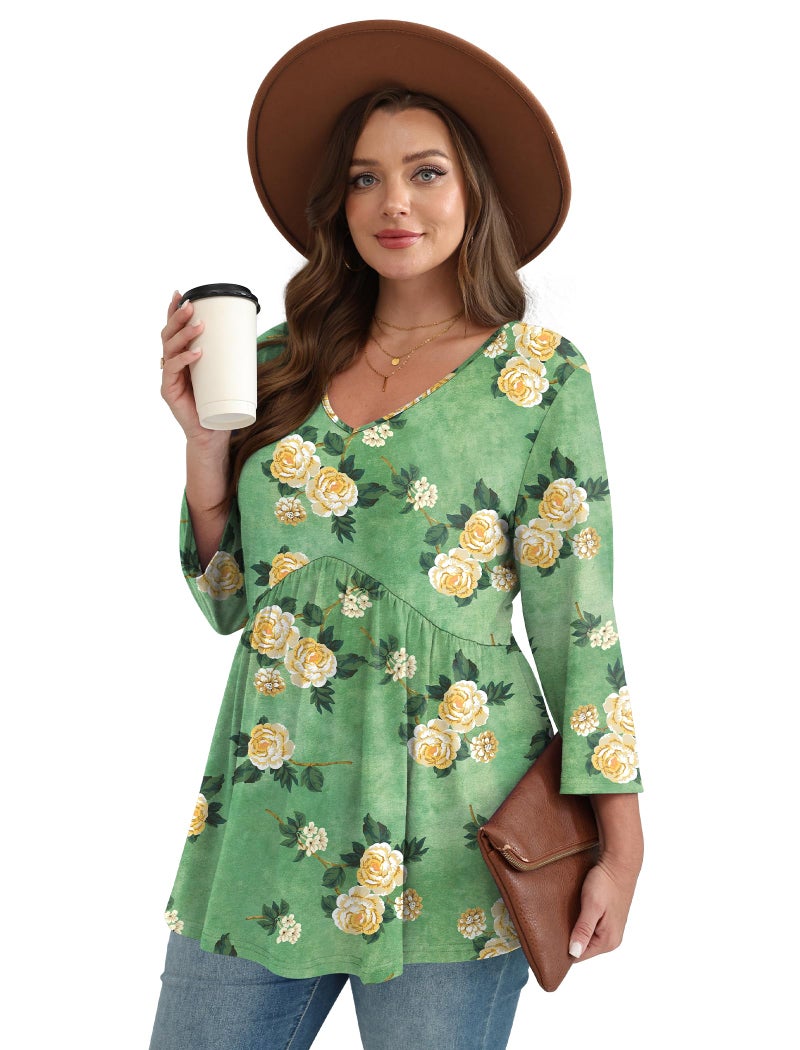 OFEEFAN Plus Size Fall Outfits for Women 3/4 Sleeve Babydoll Tops Womens Blouses Work Tops for Women Business Casual Boho Chic Clothing Yellow Roses XL - Image 3