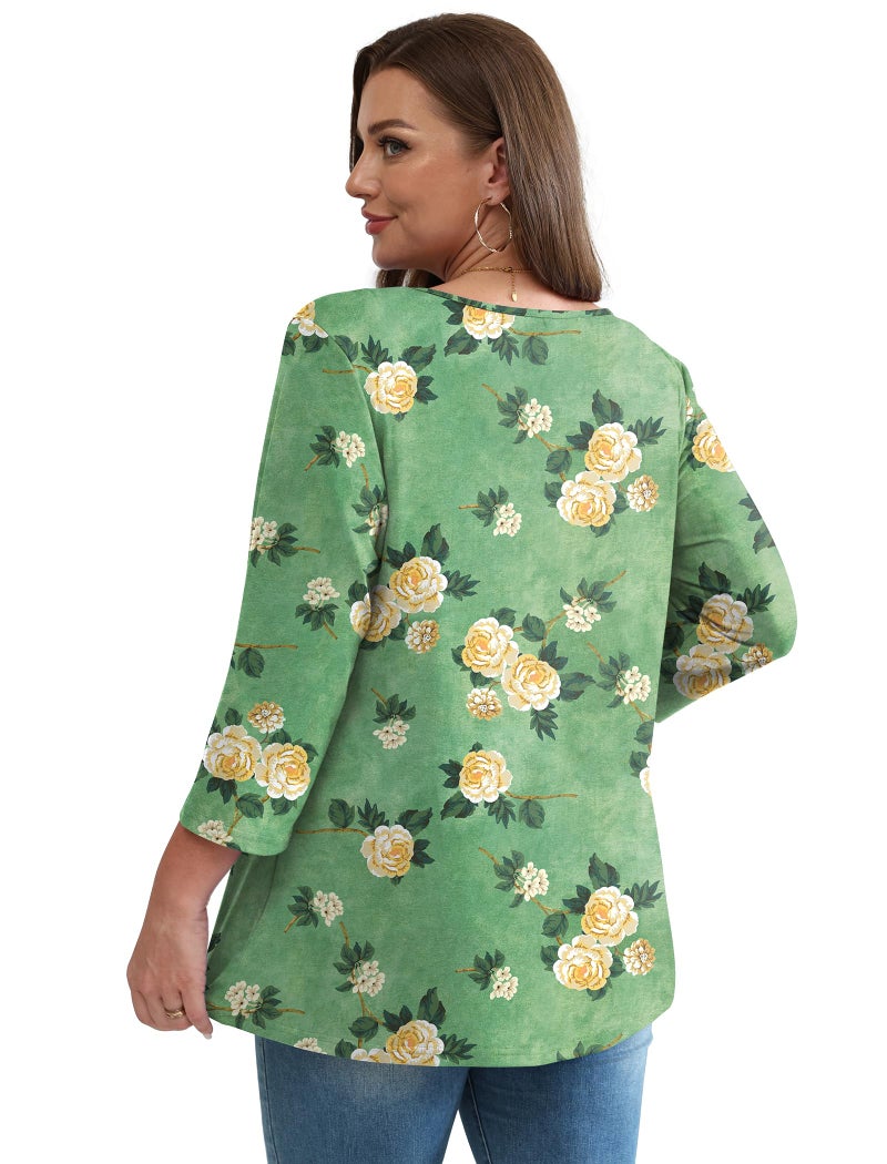 OFEEFAN Plus Size Fall Outfits for Women 3/4 Sleeve Babydoll Tops Womens Blouses Work Tops for Women Business Casual Boho Chic Clothing Yellow Roses XL - Image 5
