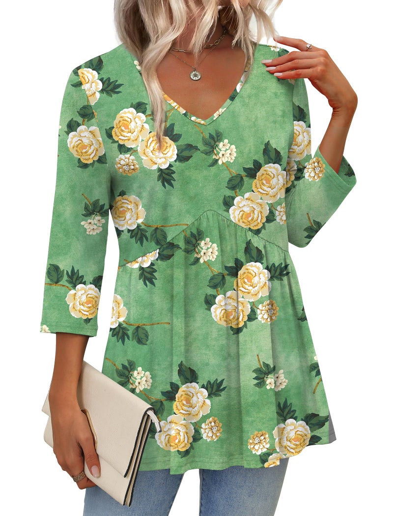 OFEEFAN Plus Size Fall Outfits for Women 3/4 Sleeve Babydoll Tops Womens Blouses Work Tops for Women Business Casual Boho Chic Clothing Yellow Roses XL - Image 2