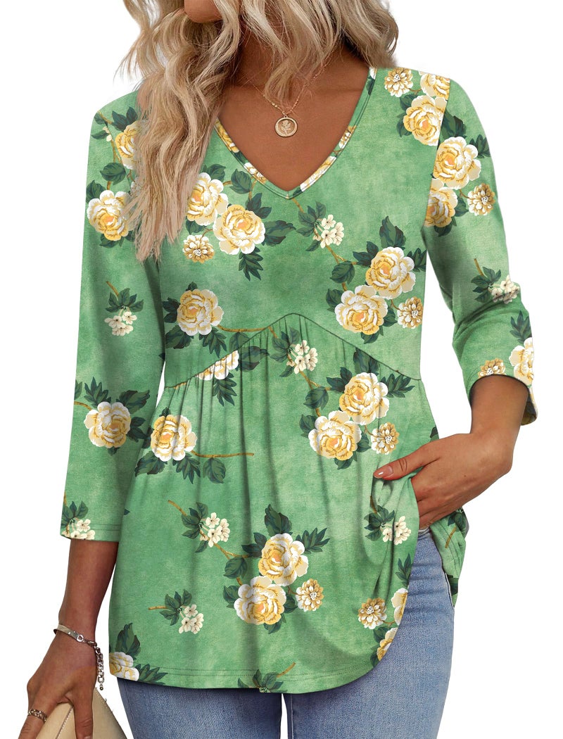 OFEEFAN Plus Size Fall Outfits for Women 3/4 Sleeve Babydoll Tops Womens Blouses Work Tops for Women Business Casual Boho Chic Clothing Yellow Roses XL - Image 1