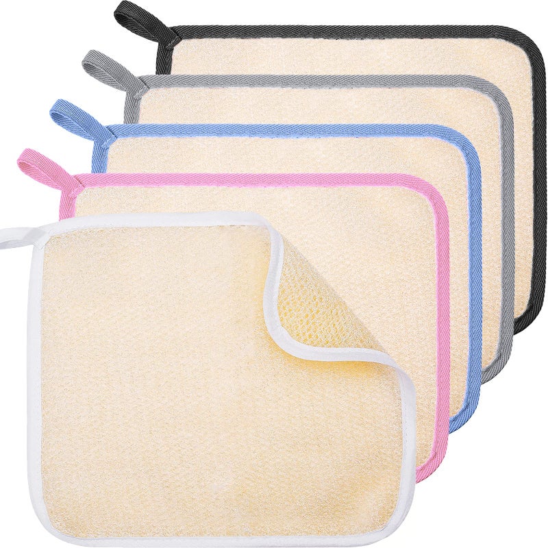 Tatuo 5 Pcs Exfoliating Face and Body Wash Cloths Towel Weave Bath Exfoliating Scrub Massage Bath Cloth for Women and Men, 10.63 x 9.05 Inch (White, Pink, Blue, Gray, Black Edge) - Image 1