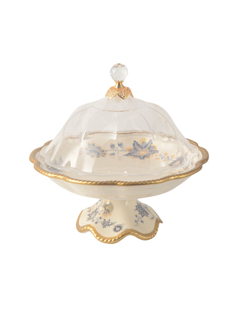 Life Smile Life Smile LIFE SMILE Round Bone China Fruit Bowl With Cover  - Serving Basket with Gold Stand and Acrylic Lid with Knob For Fruit ,Snack, Nuts ,Cake & Dessert Storage - Image 1