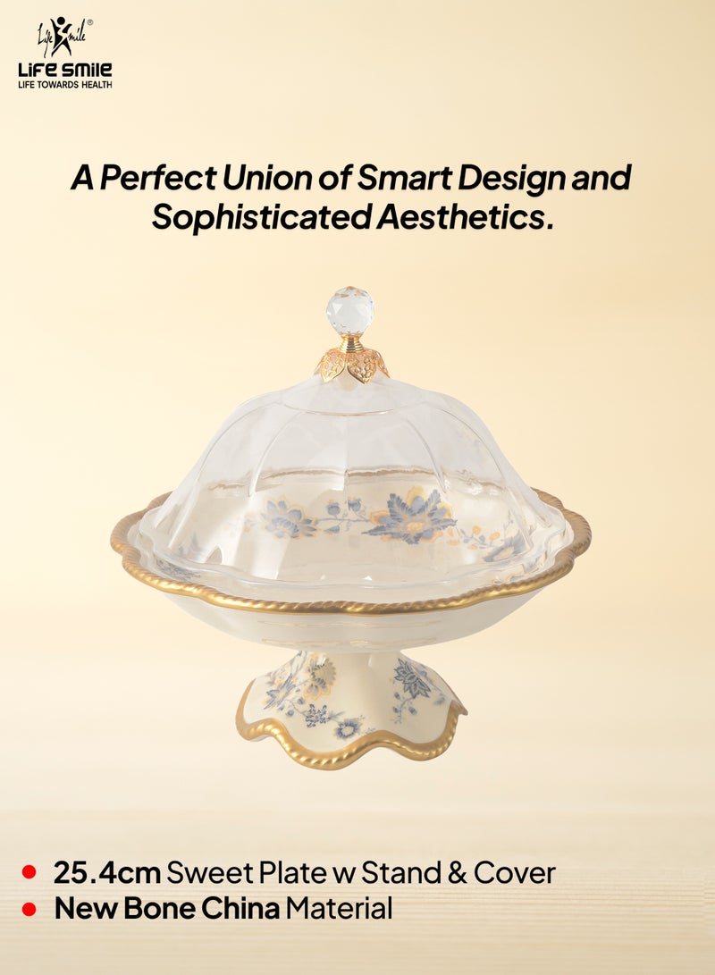 Life Smile Life Smile LIFE SMILE Round Bone China Fruit Bowl With Cover  - Serving Basket with Gold Stand and Acrylic Lid with Knob For Fruit ,Snack, Nuts ,Cake & Dessert Storage - Image 2