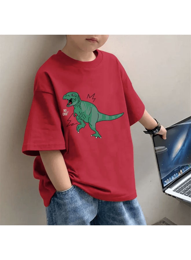 Children's Western Style Short-sleeved T-shirt Base Shirt Summer New Korean Style Boy's Pure Cotton Red Half-sleeved All-match Middle And Big Kids