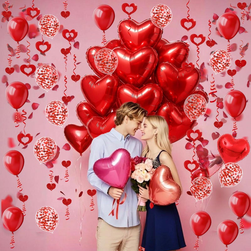 Famoby Heart-Shaped Aluminum Foil Balloon,Red Latex balloons,Confetti Balloon,Fake Petals and Hanging Streamer for Valentines Wedding Bridal Shower Anniversary Engagement Party Supplies Decorations - Image 3
