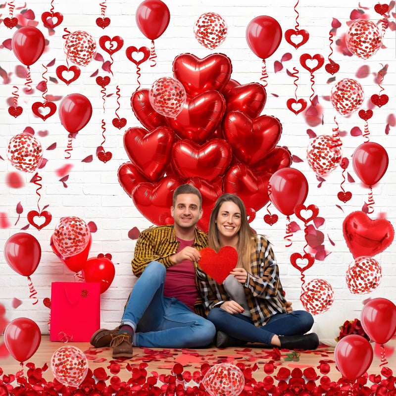 Famoby Heart-Shaped Aluminum Foil Balloon,Red Latex balloons,Confetti Balloon,Fake Petals and Hanging Streamer for Valentines Wedding Bridal Shower Anniversary Engagement Party Supplies Decorations - Image 4