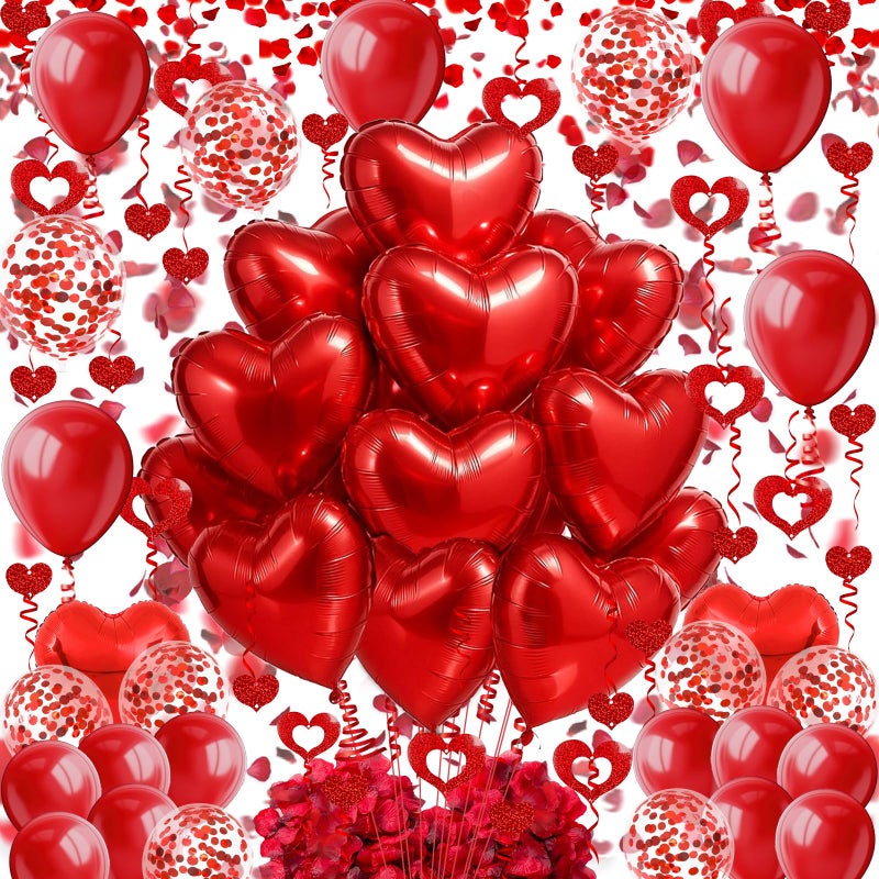 Famoby Heart-Shaped Aluminum Foil Balloon,Red Latex balloons,Confetti Balloon,Fake Petals and Hanging Streamer for Valentines Wedding Bridal Shower Anniversary Engagement Party Supplies Decorations - Image 1