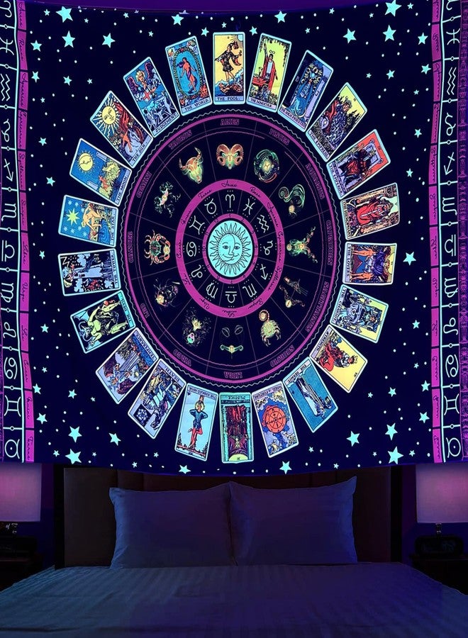 Simpkeely Blacklight Astrology Tarot Tapestry, Wheel of the Zodiac Spiritual Tapestries, UV Reactive Stars Constellation Decoration Wall Hanging Neon Tapestry for Bedroom Aesthetic - 44" x 59" - Image 1