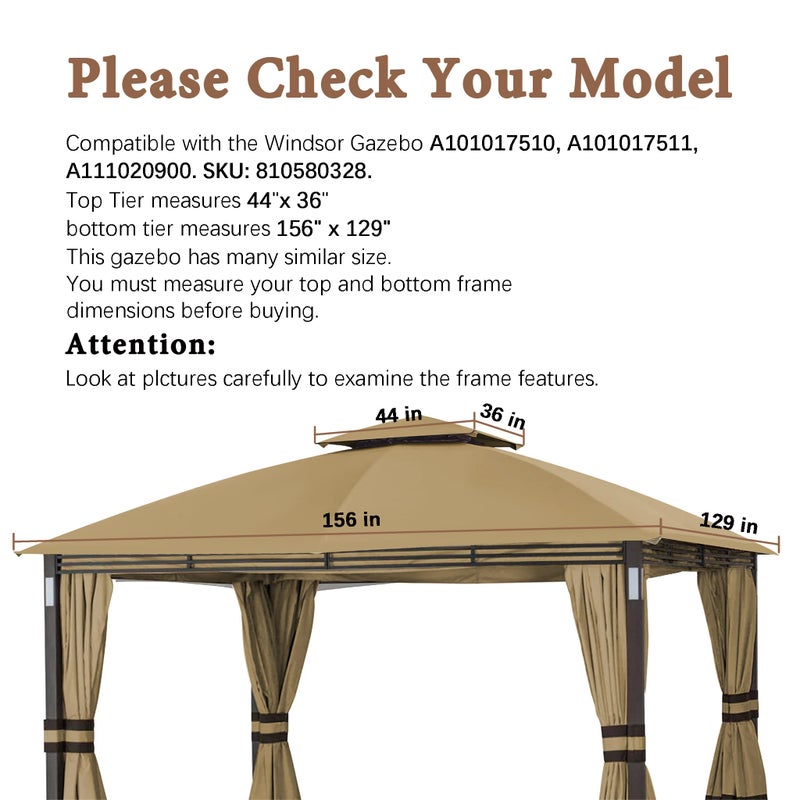 SCOCANOPY Replacement Cover Compatible with SUNJOY Crestfield 11X13 Gazebo (Models A101017510, A101017511, A111020900), (Beige) - Image 2