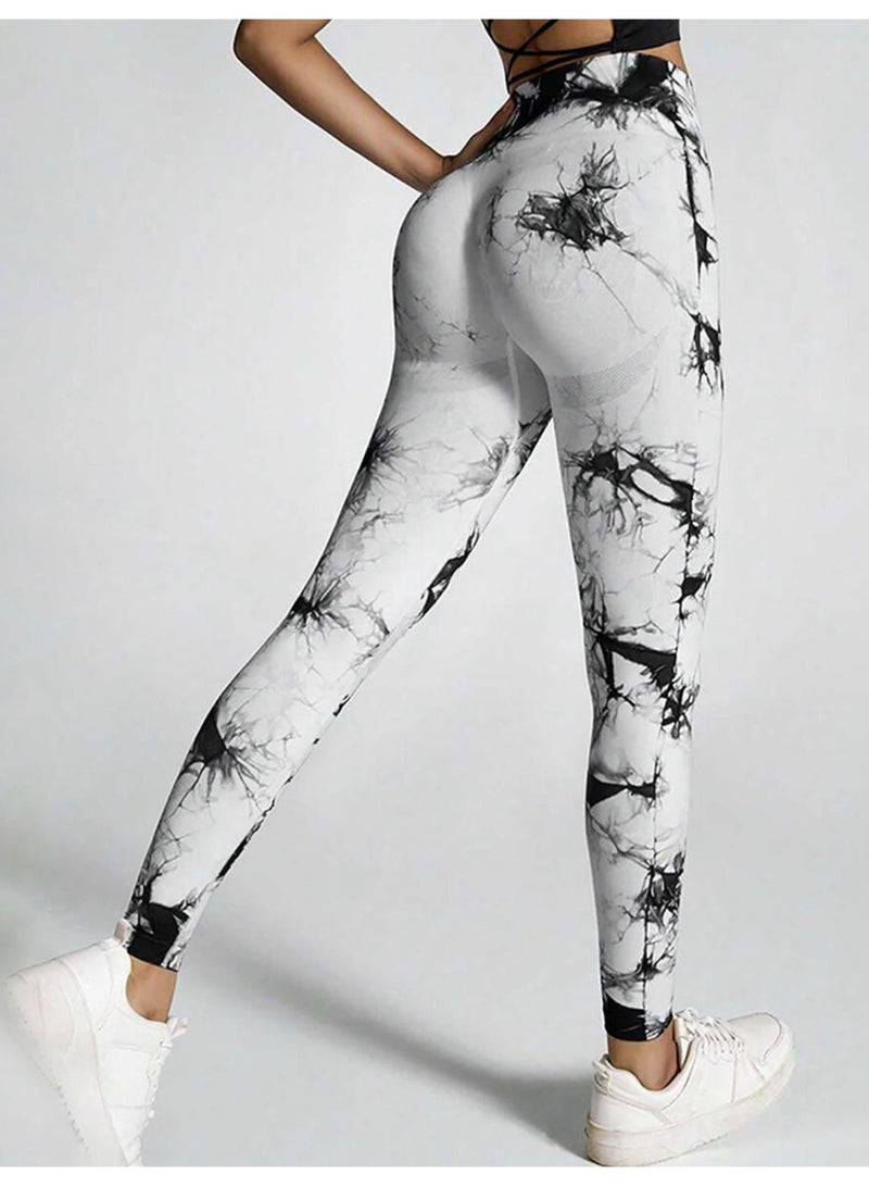 Meilun Black and White Tie - Dye High - Waisted Leggings - Image 1