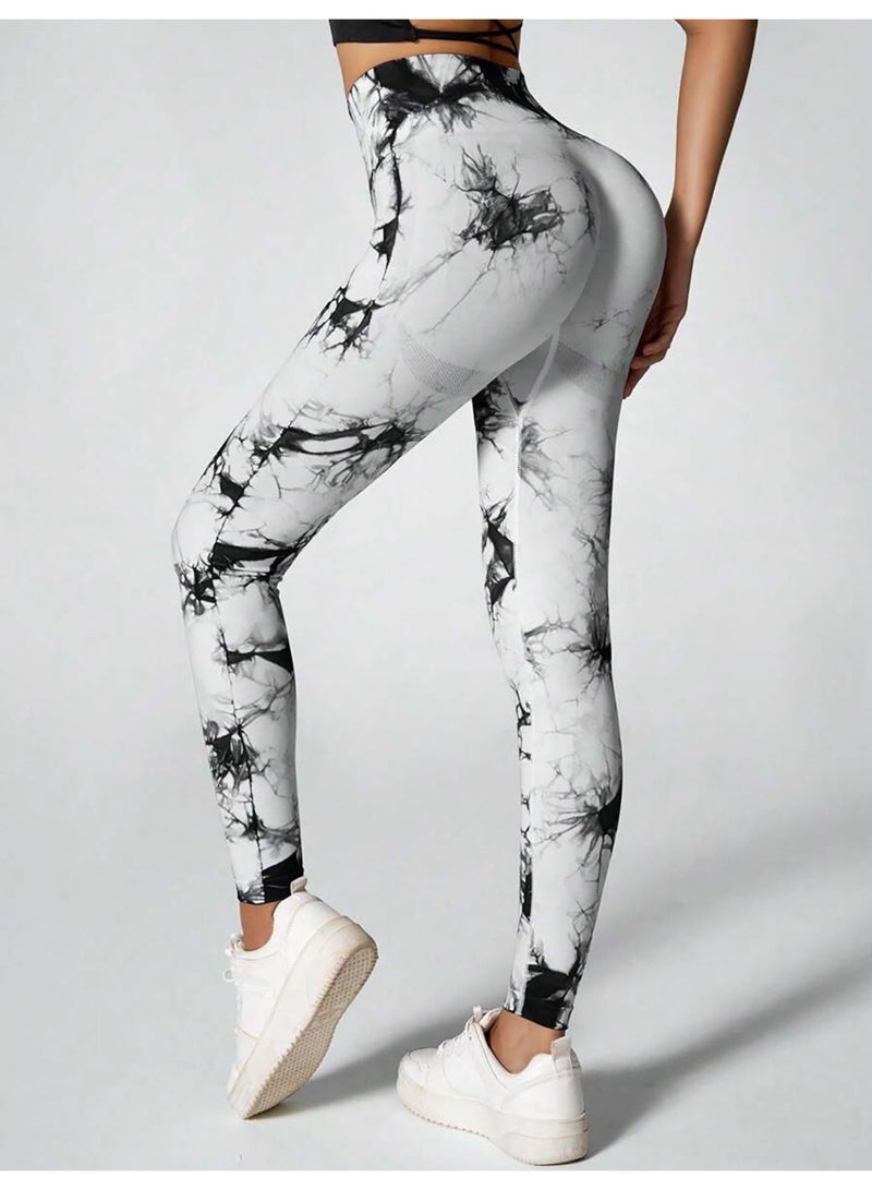 Meilun Black and White Tie - Dye High - Waisted Leggings - Image 2